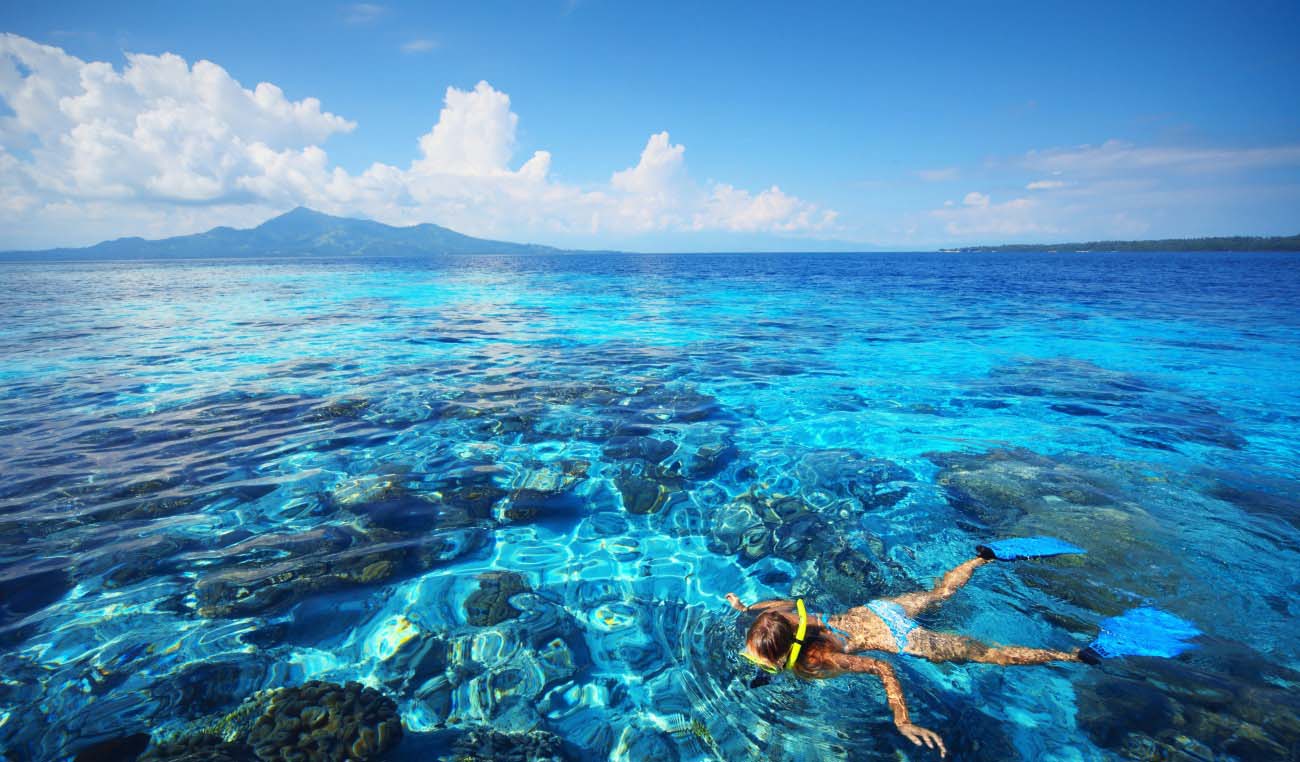 Snorkeler exploring a shallow, sunlit coral reef in crystal-clear turquoise water, enjoying the vibrant marine life from the surface.