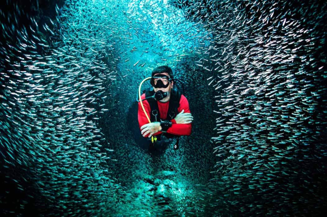 Scuba diver posing for a photo inside a natural tunnel formed by a massive, swirling school of jackfish at Sipadan Island.