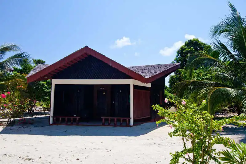 The unique hexagonal-shaped villa at Pom Pom Island beach resort, offering a modern and stylish design for a memorable tropical holiday.