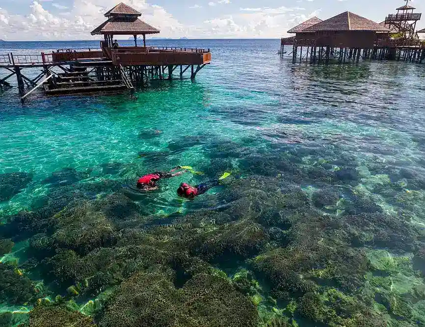 A couple of guests snorkeling in the crystal-clear waters around the luxury Sipadan Water Village on Mabul island, exploring the house reef.
